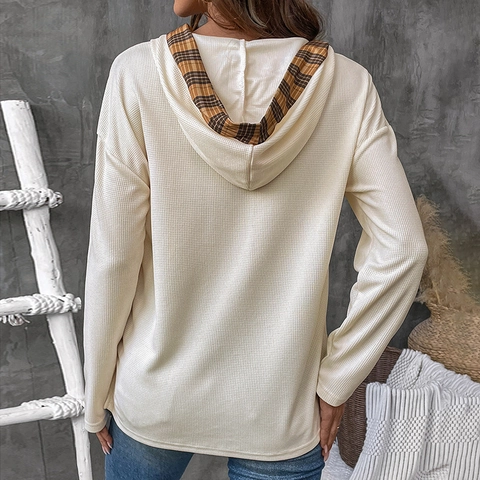 Sudadera con Capucha de Punto de Gofre para Mujer Patchwork de Cuadros Henley con Botones Manga Larga Pullover Casual