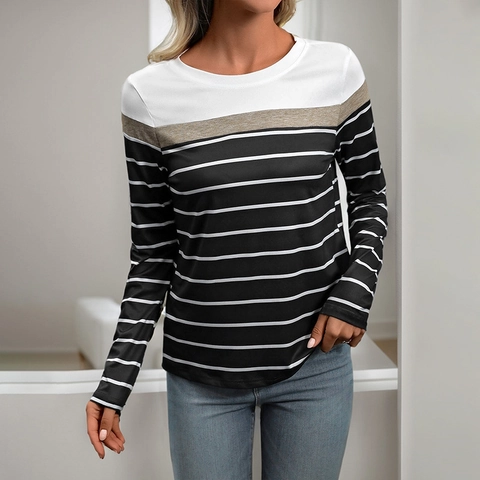 Maglietta a Maniche Lunghe da Donna Casual a Righe Girocollo Patchwork Color Block in Poliestere Elastan per Autunno