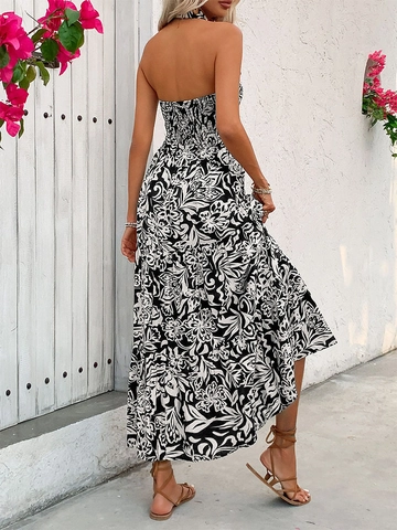 Dames Zomer Halter Bloemen Maxi Jurk Mouwloos Rugloos Hoge Taille Gelaagde Bohemian Vakantie Lange Jurk