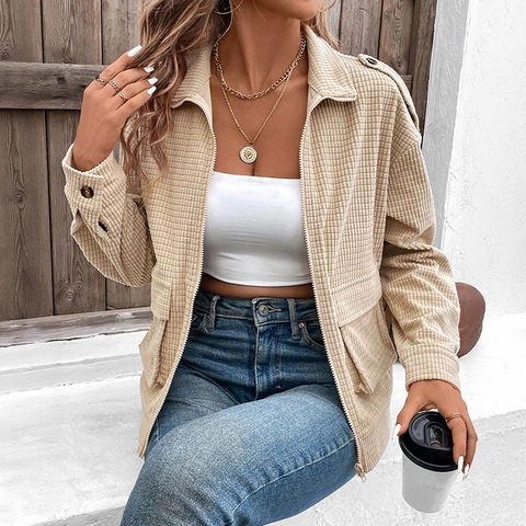 Women's Casual Waffle Texture Zip Up Jacket Solid Color Lapel Long Sleeve Coat With Flap Pockets Fashion Outerwear