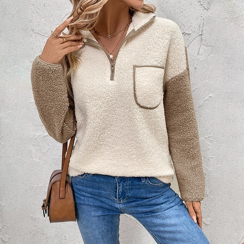 Sudadera de Mujer Casual Bloque de Color Forro Polar Sherpa Media Cremallera Cuello Alto Patchwork Manga Larga Pulóver Cálido Top Con Bolsillo