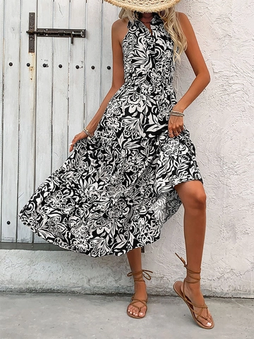 Dames Zomer Halter Bloemen Maxi Jurk Mouwloos Rugloos Hoge Taille Gelaagde Bohemian Vakantie Lange Jurk
