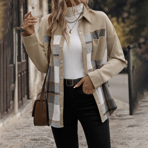 Γυναικείο Ρετρό Πουκάμισο Τζάκετ Καρό Patchwork Casual Γιακάς Κουμπιά Μακρύ Μανίκι Khaki Καρό Φθινόπωρο Χειμώνας