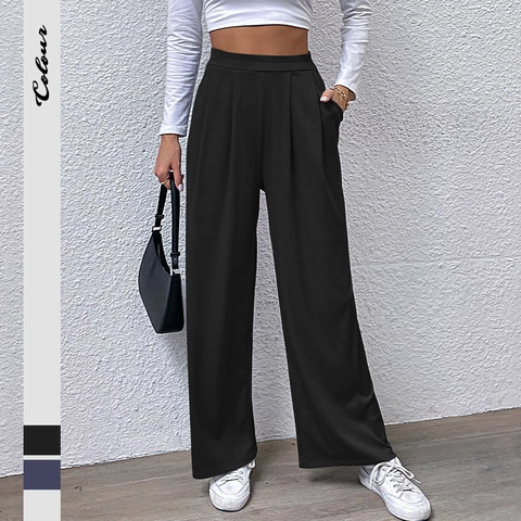 Damen Hohe Taille Weites Bein Hose Gerippt Elastischer Bund Einfarbig Lässige Lockere Hose Weiche Lounge-Hose
