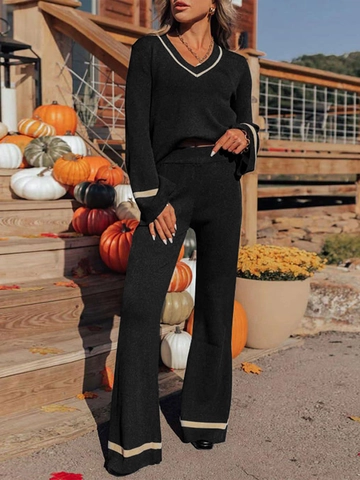 Damen V-Ausschnitt Strickset Casual Langarm Kontrastpaspelierung Pullover Und Weite Hose Herbst Winter Lounge Set