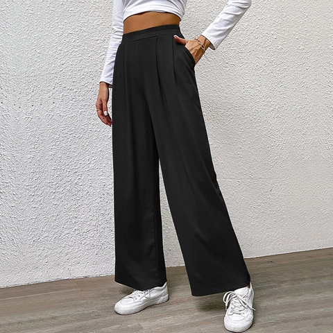 Damen Hohe Taille Weites Bein Hose Gerippt Elastischer Bund Einfarbig Lässige Lockere Hose Weiche Lounge-Hose
