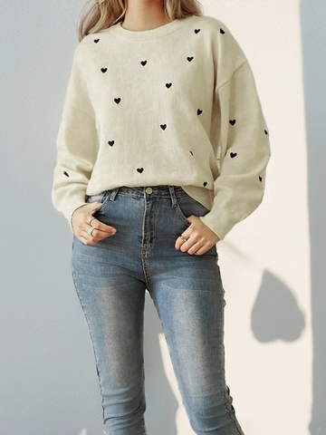 Women's Casual Round Neck Long Sleeve Knitted Sweater Sweet Heart Pattern Pullover Soft Autumn Winter Knitwear Tops