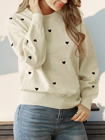 Women's Casual Round Neck Long Sleeve Knitted Sweater Sweet Heart Pattern Pullover Soft Autumn Winter Knitwear Tops