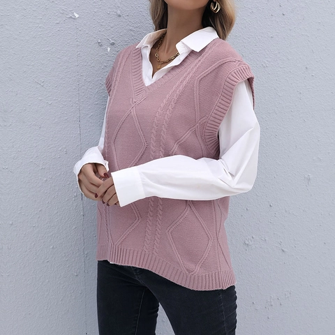 Women V-Neck Cable Knit Sweater Vest Sleeveless Loose Fit Pullover Solid Mauve Pink Polyester Knitwear For Autumn Spring