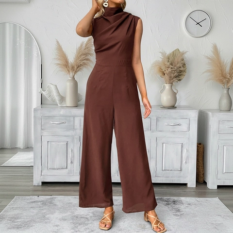 Elegant Cowl Neck Jumpsuit Sleeveless High Waist Wide Leg Long Pants Summer Commute Solid Color Polyester Jumpsuit For Women