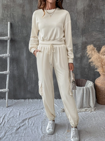 Conjunto de Top de Punto de Gofre y Pantalones Cargo Casual para Mujer Beige Color Sólido Cuello Redondo Sudadera de Manga Larga Jogger Lounge Wear