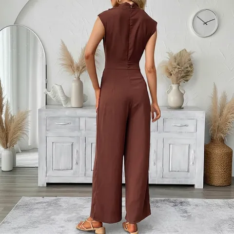Elegant Cowl Neck Jumpsuit Sleeveless High Waist Wide Leg Long Pants Summer Commute Solid Color Polyester Jumpsuit For Women