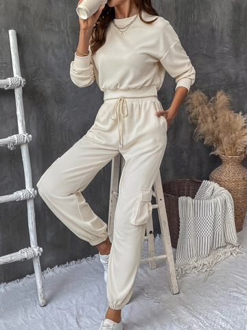 Conjunto de Top de Punto de Gofre y Pantalones Cargo Casual para Mujer Beige Color Sólido Cuello Redondo Sudadera de Manga Larga Jogger Lounge Wear