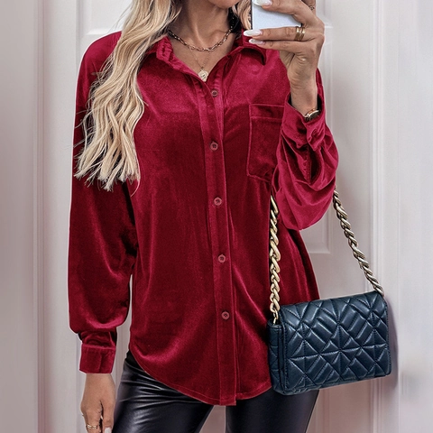 Women's Vintage Velvet Long Sleeve Shirt Elegant Lapel Button Down Blouse Casual Loose Lantern Sleeve Top With Pocket