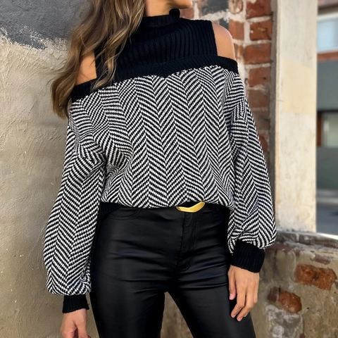 Pull en Maille Épaules Dénudées Femme Chevron Élégant Col Mi-haut Noir Et Blanc Motif Chevrons Pullover Manches Longues Décontracté Top