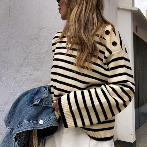 Suéter de Punto a Rayas Casual para Mujer Cuello Redondo Decoración de Botones en el Hombro Manga Larga Pulóver de Acrílico