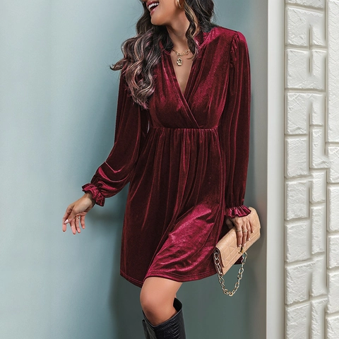 Elegant V Neck Velvet Mini Dress For Women Long Sleeve Flounce Cuff High Waist Solid Color Autumn Winter Party Evening Dress