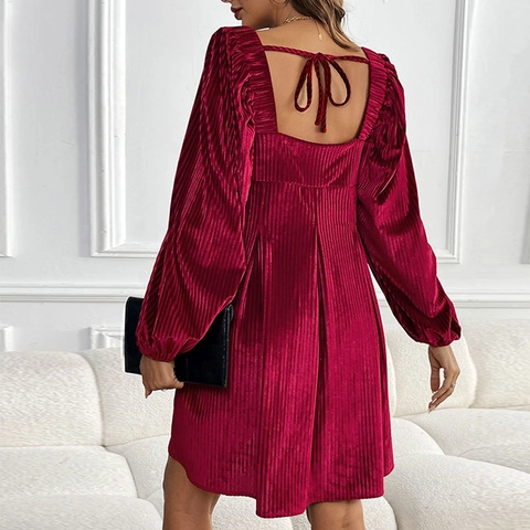 Damen Samt Plissee Kleid Quadratischer Ausschnitt Rückenfrei Bindeband Puff Langarm A Linie Mini Weihnachten Party Kleid