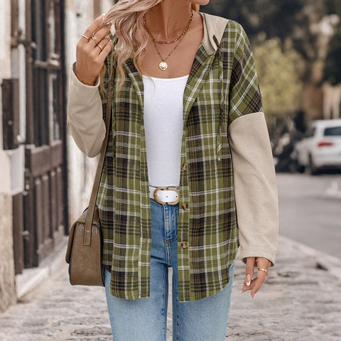 Γυναικείο Casual Καρό Πουκάμισο Τζάκετ Με Κουκούλα Μακρυμάνικο Patchwork Κουμπιά Μείγμα Βαμβακιού Χαλαρή Μπλούζα