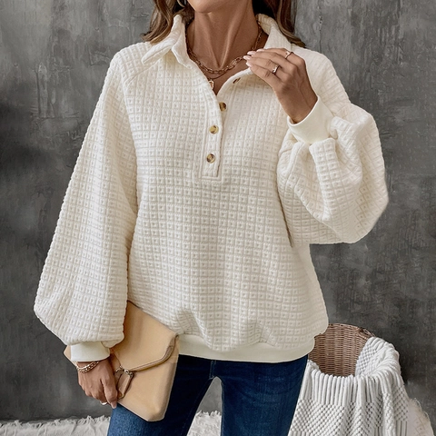 Women Casual Waffle Knit Sweatshirt Lapel Long Lantern Sleeve Button Half Placket Pullover Top For Fall Winter Fashion