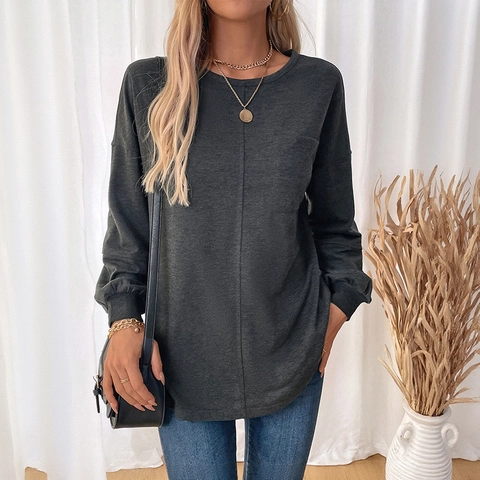 Sudadera Casual para Mujer Manga Larga Cuello Redondo Ajuste Holgado Bolsillo Color Sólido Costura Vertical Pullover Otoño Top Gris Oscuro
