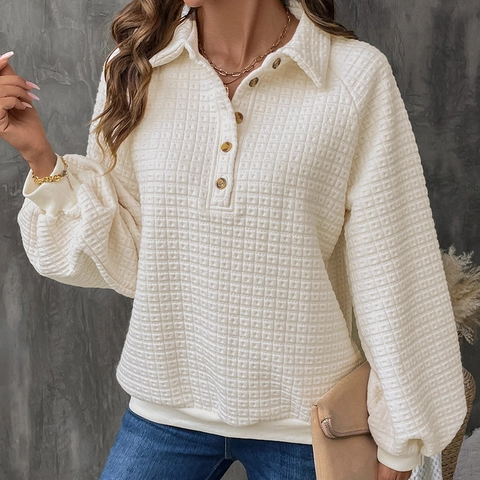 Women Casual Waffle Knit Sweatshirt Lapel Long Lantern Sleeve Button Half Placket Pullover Top For Fall Winter Fashion