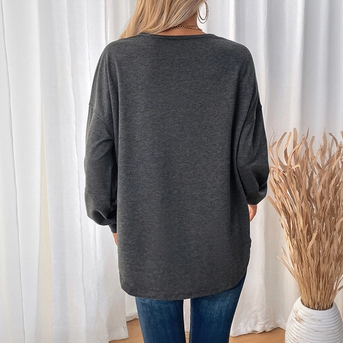 Sudadera Casual para Mujer Manga Larga Cuello Redondo Ajuste Holgado Bolsillo Color Sólido Costura Vertical Pullover Otoño Top Gris Oscuro