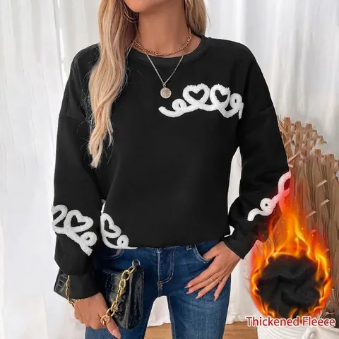 Women Casual Loose Long Sleeve Round Neck Sweatshirt Chenille Heart Embroidery Fleece Lined Pullover Top Autumn Winter