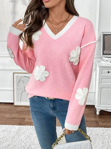 Women V Neck Pink Knit Sweater Long Sleeve Loose Pullover With 3D White Flower Applique Contrast Trim Sweet Casual Top