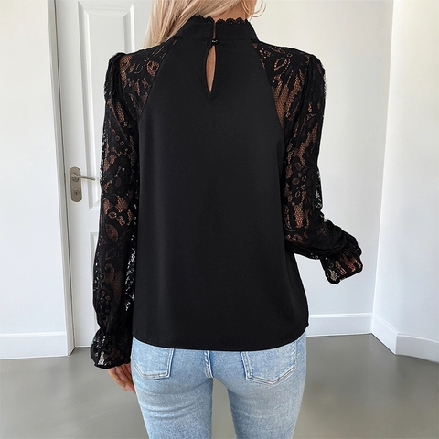 Women Black Blouse Elegant Lace Patchwork Long Sleeve Mock Neck Pleated Top For Office Party Casual Commute Lady Shirt