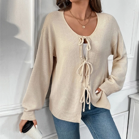 Women Casual Knit Cardigan Long Sleeve Bow Tie Front Knitwear Loose Soft Solid Color Open Front Sweater Coat