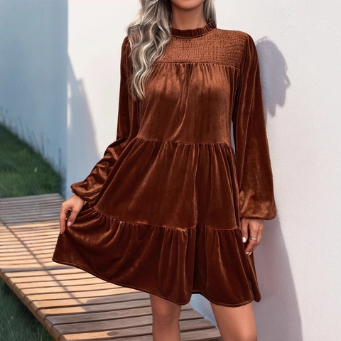 Damen Elegant Samt Stufen Minikleid Gesmokter Hochhals Langarm Einfarbig Vintage Casual Pullover Kleid Für Herbst Winter