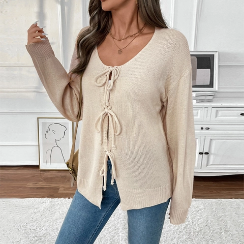 Women Casual Knit Cardigan Long Sleeve Bow Tie Front Knitwear Loose Soft Solid Color Open Front Sweater Coat