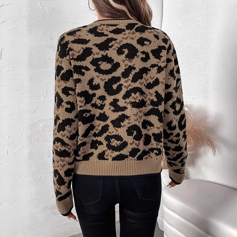 Women Leopard Print Bow Tie Knit Cardigan Round Neck Long Sleeve Nylon Acrylic Streetwear Sexy Trendy Sweater Top