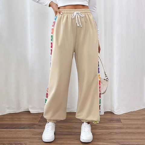 Pantaloni Sportivi da Donna Etnici Bohemienne Patchwork a Vita Alta Con Strisce Floreali All'Uncinetto Casual Coulisse Albicocca