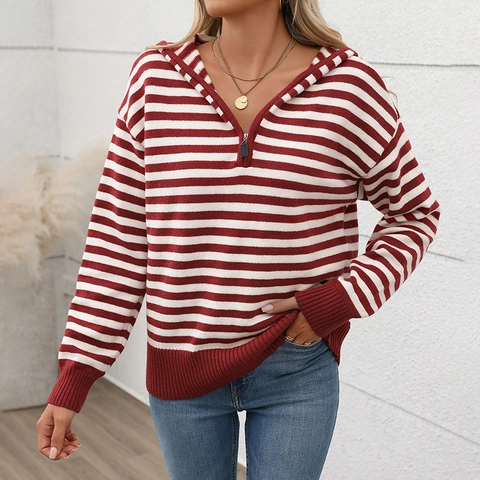Pull en Maille Rayé Vintage pour Femmes avec Capuche Demi-Fermeture Éclair Manches Longues Pull Décontracté Ample Top Automne Hiver
