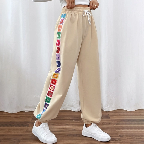 Pantaloni Sportivi da Donna Etnici Bohemienne Patchwork a Vita Alta Con Strisce Floreali All'Uncinetto Casual Coulisse Albicocca
