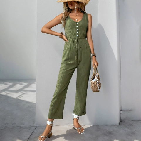 Dames Zomer Mouwloos V-Hals Knoop Jumpsuit Casual Getextureerde Stof Trekkoord Taille Rechte Pijpen Lange Broek Romper
