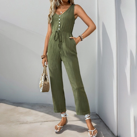 Dames Zomer Mouwloos V-Hals Knoop Jumpsuit Casual Getextureerde Stof Trekkoord Taille Rechte Pijpen Lange Broek Romper