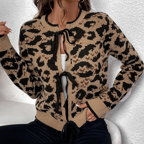 Cardigan in Maglia Leopardata da Donna Maglione Con Fiocco Anteriore Manica Lunga Girocollo Misto Acrilico Top Invernale Autunnale