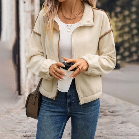 Giacca Casual in Polarfleece da Donna con Bordi a Contrasto Cerniera Collo Alto Manica Lunga Cappotto Caldo Invernale