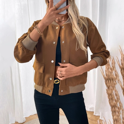 Chaqueta Varsity de Moda para Mujer Color Sólido Marrón Café Cazadora Bomber Corta Casual Con Botones Metálicos y Ribete Acanalado para Otoño Invierno