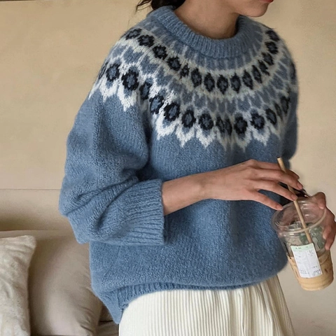 Γυναικείο Πλεκτό Πουλόβερ Με Μοτίβο Fair Isle Casual Στρογγυλή Λαιμόκοψη Χαλαρό Μακρυμάνικο Τοπ