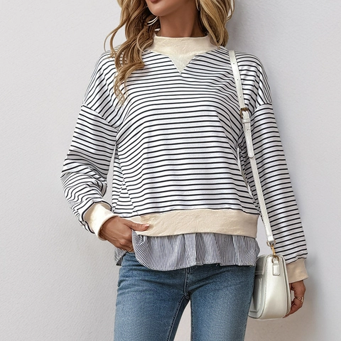Women Striped Faux Two Piece Sweatshirt Long Sleeve Round Neck Polyester Pullover Top Casual Fashion Style Women Clothing