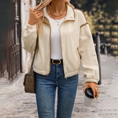 Giacca Casual in Polarfleece da Donna con Bordi a Contrasto Cerniera Collo Alto Manica Lunga Cappotto Caldo Invernale
