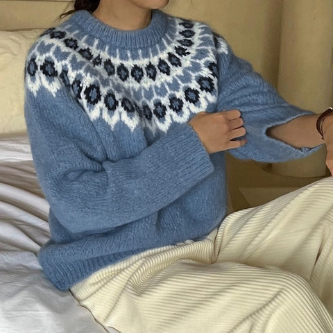 Γυναικείο Πλεκτό Πουλόβερ Με Μοτίβο Fair Isle Casual Στρογγυλή Λαιμόκοψη Χαλαρό Μακρυμάνικο Τοπ