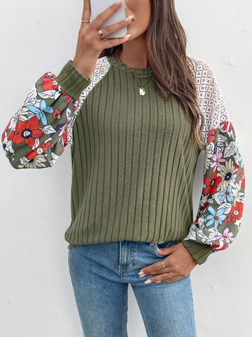 Dames Vintage Bloemenprint Patchwork Lange Mouw Pullover Geribde Breien Top Met Kant Detail Ronde Hals Casual Shirt