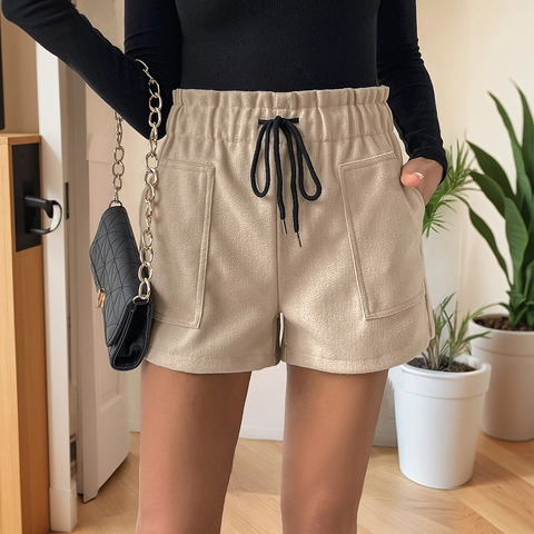 Women Casual High Waist Elastic Drawstring Shorts Autumn Winter Solid Color Loose Wide Leg Woolen Shorts With Pockets