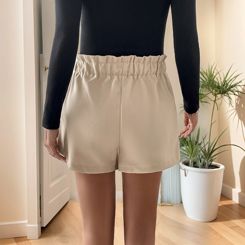 Women Casual High Waist Elastic Drawstring Shorts Autumn Winter Solid Color Loose Wide Leg Woolen Shorts With Pockets
