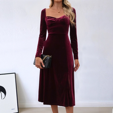 Women Elegant Wine Red Velvet Dress Sweetheart Neck Long Sleeve Side High Slit Slim Fit Maxi Dress For Evening Party Clubwear